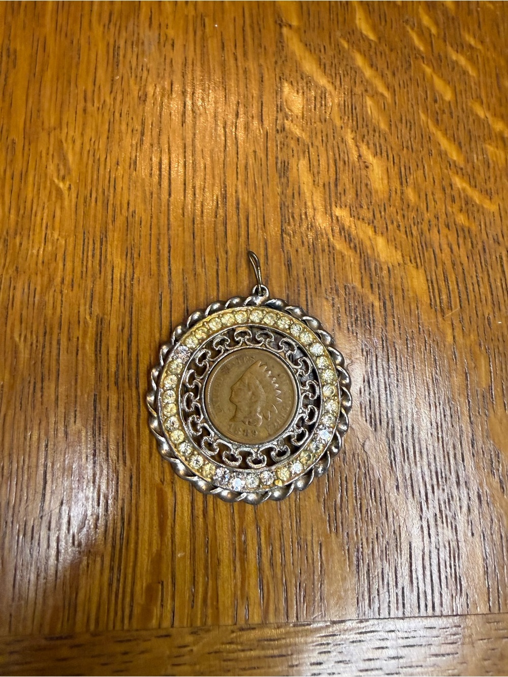 Vintage Coin Medallion Pendant with Rhinestone Halo - Picture 4 of 6
